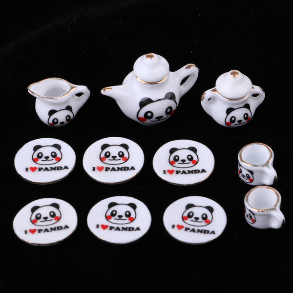 1/12 Dollhouse Miniature 15pcs Chinese Ceramic Tea Set Pot Cup Plate Kit Panda Printed