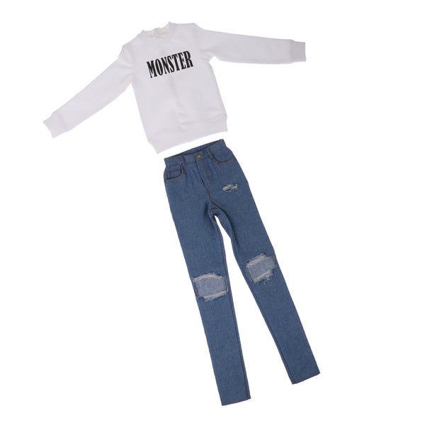 1/3 BJD Pullover Ripped Jeans Set Clothing for Normal 70cm Uncle Size Doll A