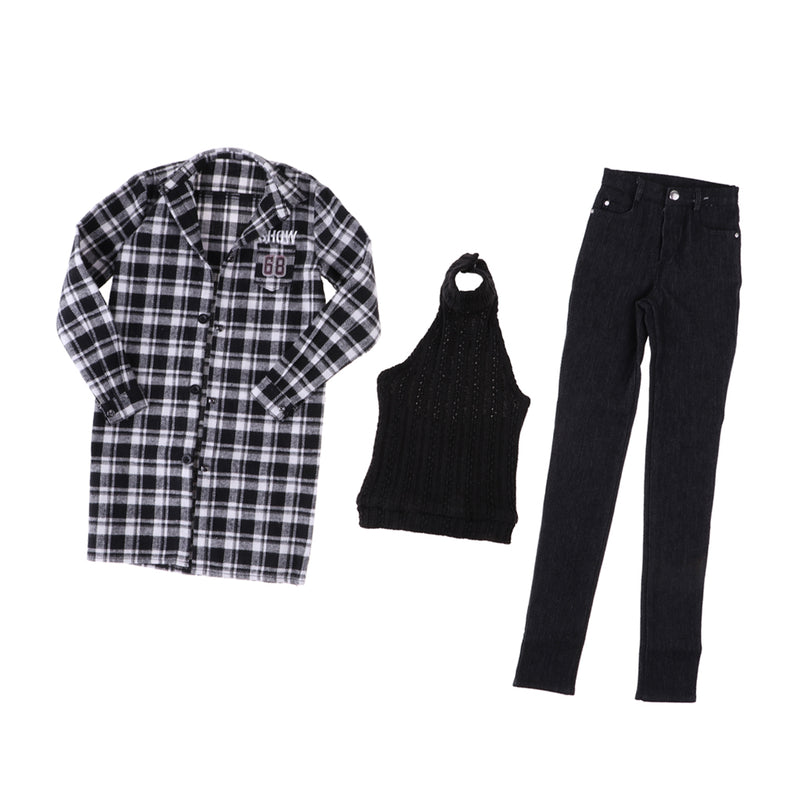 1/3 BJD Plaid Overcoat Vest Jeans 3 Pieces Set Outfits for Normal 70cm Uncle Doll