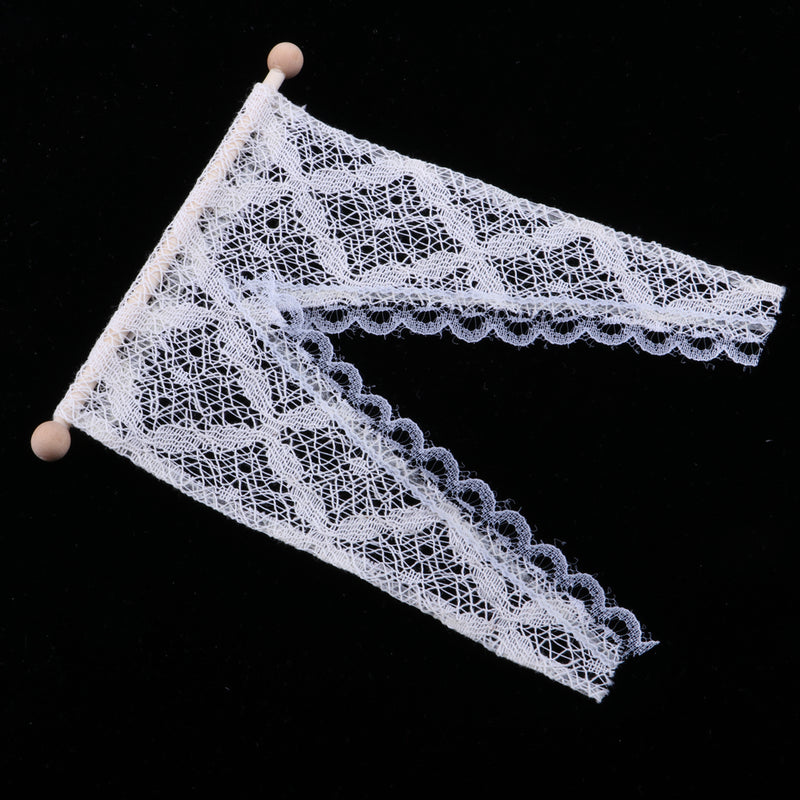 1/12 Dollhouse Miniature Triangular Lace Curtain with Wooden Rod Rail for Dolls Windows Accessory