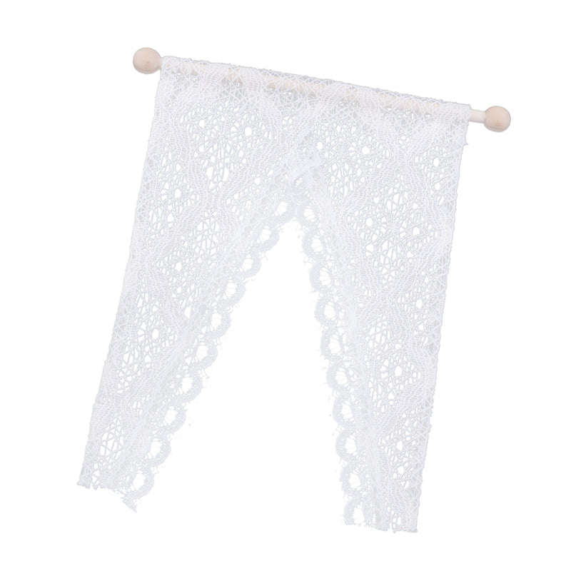 1/12 Dollhouse Miniature Triangular Lace Curtain with Wooden Rod Rail for Dolls Windows Accessory