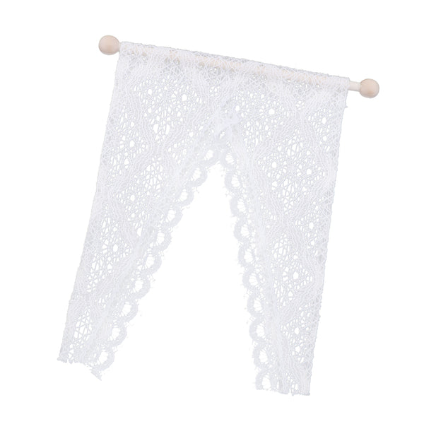 1/12 Dollhouse Miniature Triangular Lace Curtain with Wooden Rod Rail for Dolls Windows Accessory