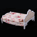 1/12 Scale Wooden Floral Bed Mattress Pillow Set Dolls House Bedroom Furniture Kids Pretend Play Toy