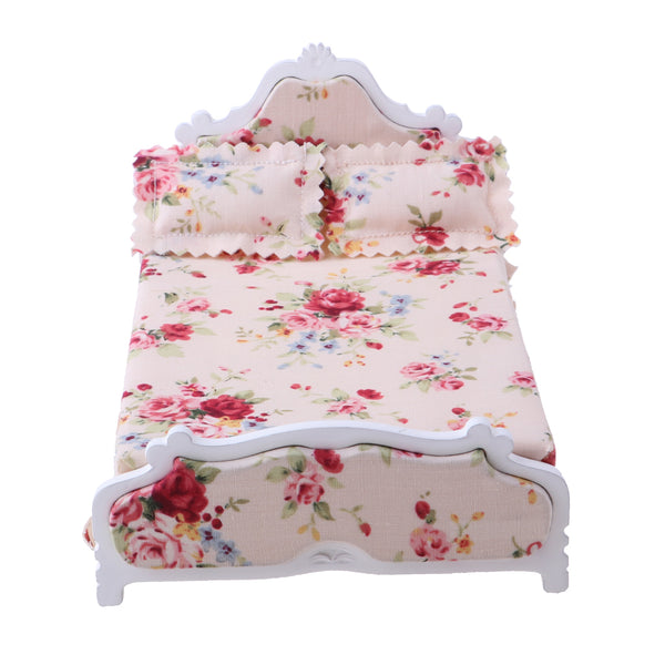 1/12 Scale Wooden Floral Bed Mattress Pillow Set Dolls House Bedroom Furniture Kids Pretend Play Toy