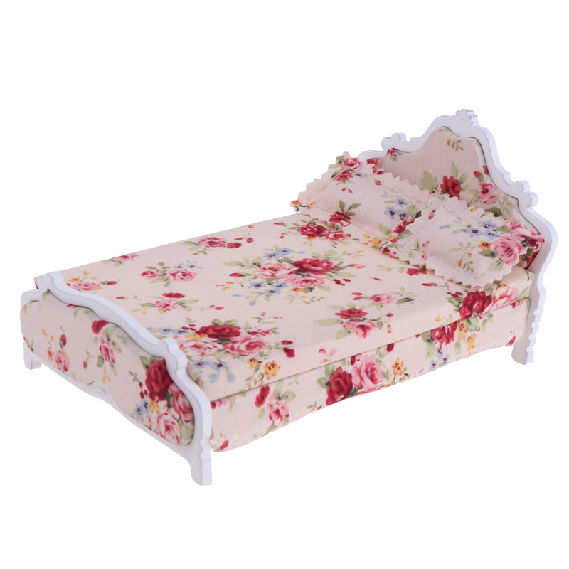 1/12 Scale Wooden Floral Bed Mattress Pillow Set Dolls House Bedroom Furniture Kids Pretend Play Toy