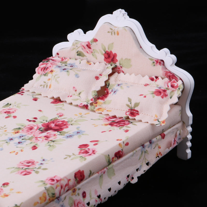 1/12 Scale Wooden Floral Bed Mattress Pillow Set Dolls House Bedroom Furniture Kids Pretend Play Toy