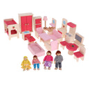 Dollhouse Miniature Wooden Furniture Set Kids Pretend Play Toys with 4 Dolls