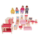 Dollhouse Miniature Wooden Furniture Set Kids Pretend Play Toys with 4 Dolls