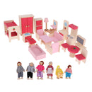 Dollhouse Miniature Wooden Furniture Set Kids Pretend Play Toys with 6 Dolls