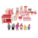 Dollhouse Miniature Wooden Furniture Set Kids Pretend Play Toys with 6 Dolls
