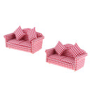 2 Set Handcrafts 1/12 Plaid Double Sofa + Cushions Set Furniture for Dolls House Living Room Decoration