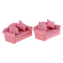 2 Set Handcrafts 1/12 Plaid Double Sofa + Cushions Set Furniture for Dolls House Living Room Decoration