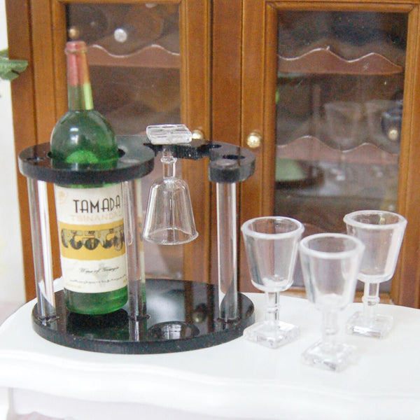 1/12 Dollhouse Miniature Champagne Bottle Wine Rack Four Glass Cups Green