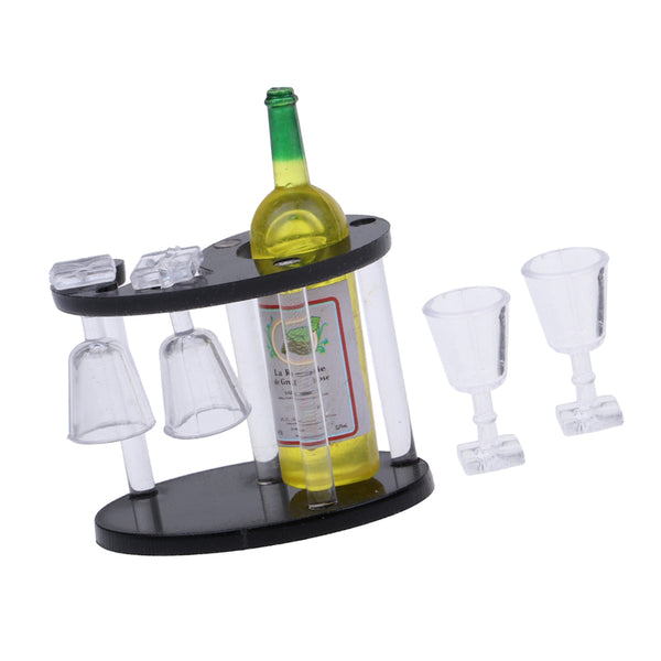 1/12 Dollhouse Miniature Champagne Bottle Wine Rack Four Glass Cups Yellow