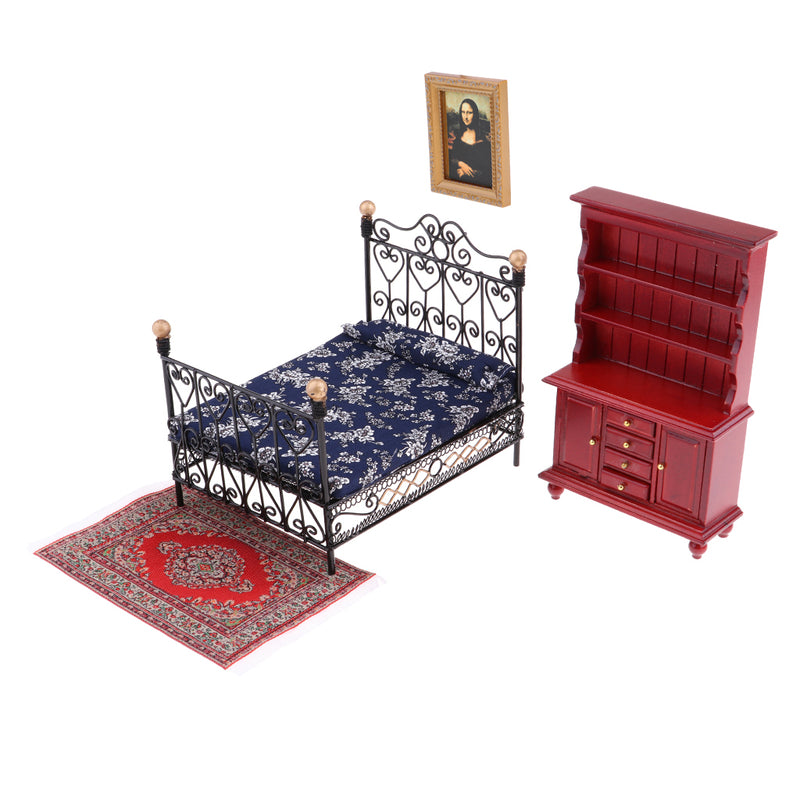 1/12 Dollhouse Miniature Bedroom Furniture Bed Carpet Frame Display Cabinet