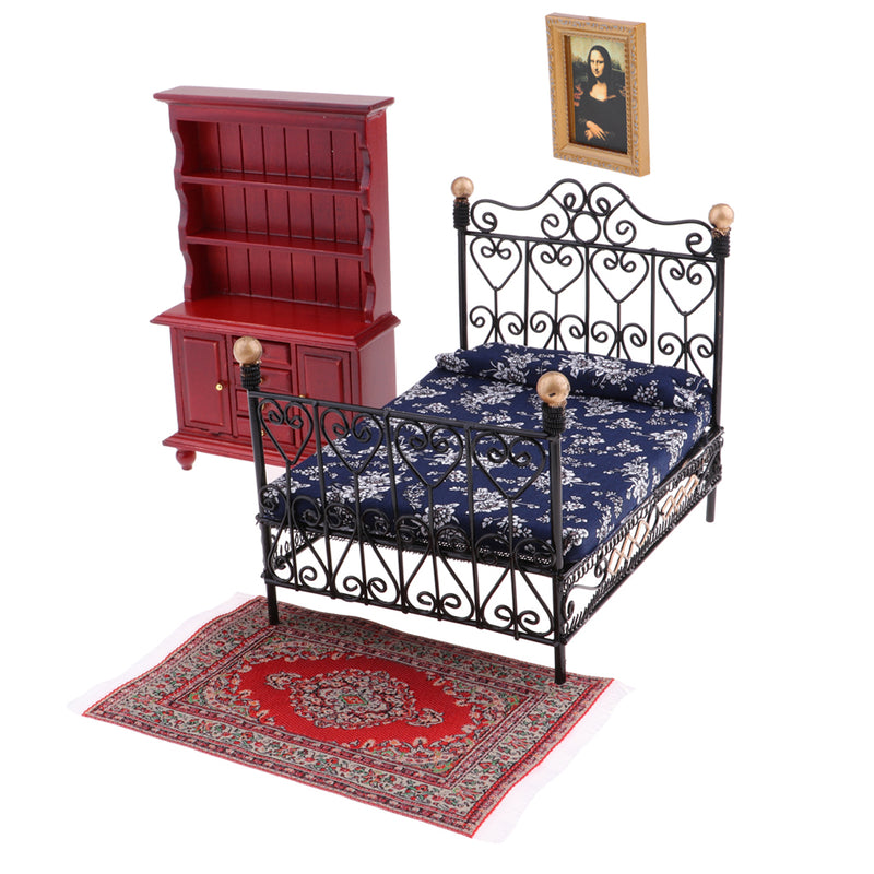 1/12 Dollhouse Miniature Bedroom Furniture Bed Carpet Frame Display Cabinet
