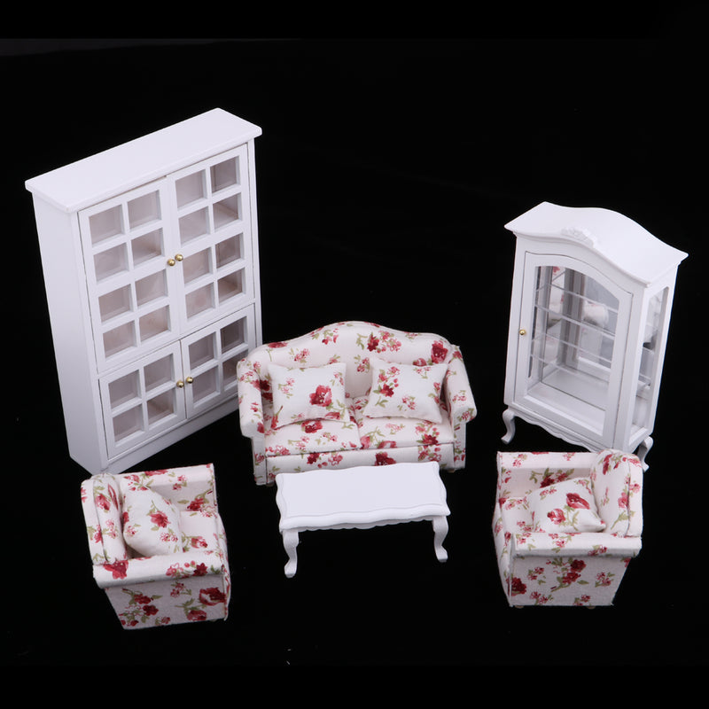 1/12 Scale Dollhouse Furniture Sofa End Table And Wooden Vertical Display Cabinet