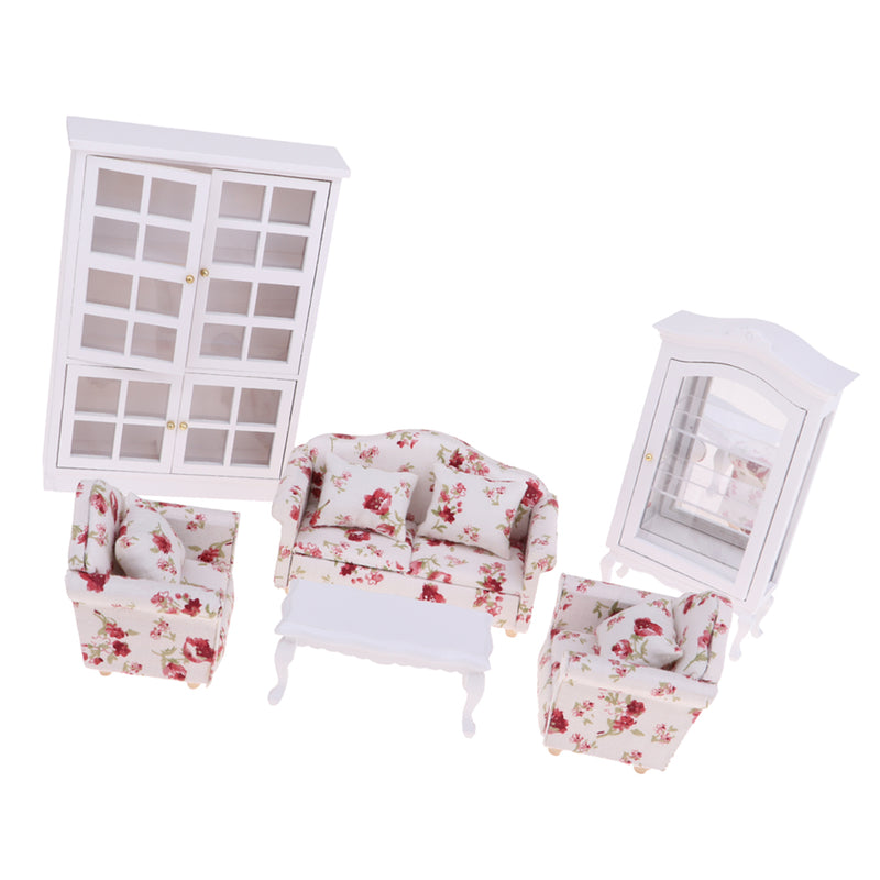 1/12 Scale Dollhouse Furniture Sofa End Table And Wooden Vertical Display Cabinet