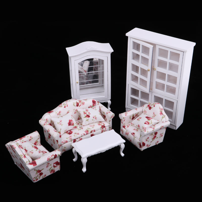 1/12 Scale Dollhouse Furniture Sofa End Table And Wooden Vertical Display Cabinet