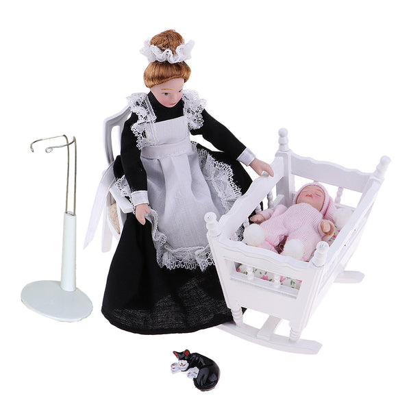 1/12 Dollhouse Miniature Baby Room Furniture Kit Cradle Baby-Sister Figures
