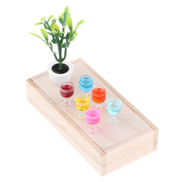 1/12 Dollhouse Mini Wooden Box Green Plant & Round Goblets &Wooden Box Scene Model Decor
