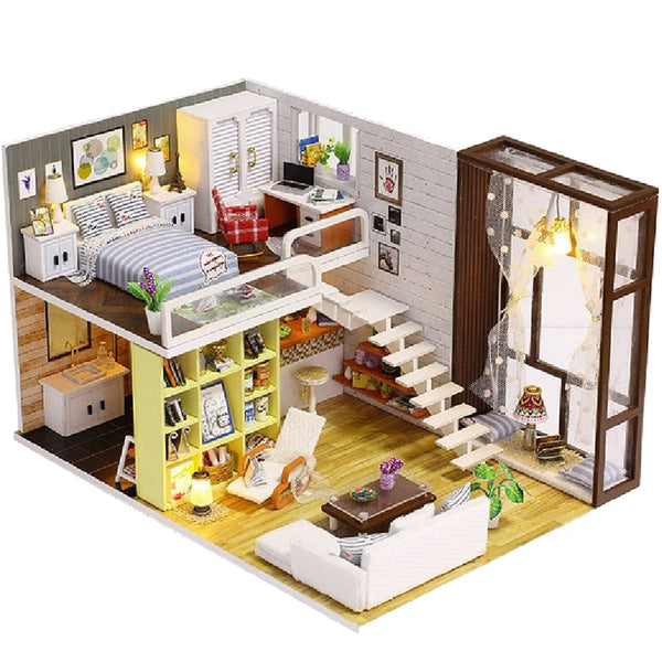 1/24 DIY Handicraft Miniature Project Wooden Modern City House with LED Light Kids Hand Toy