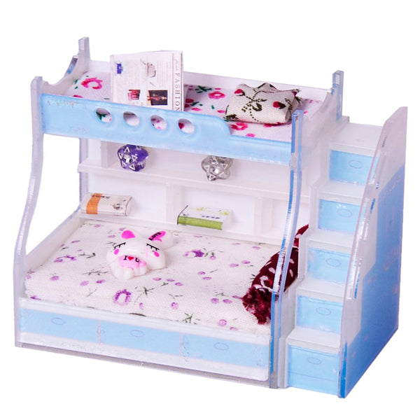 1/12 Dollhouse Miniature Children Bedroom Furniture Bunk Bed Double Bunk with Accessories Sky Blue Color