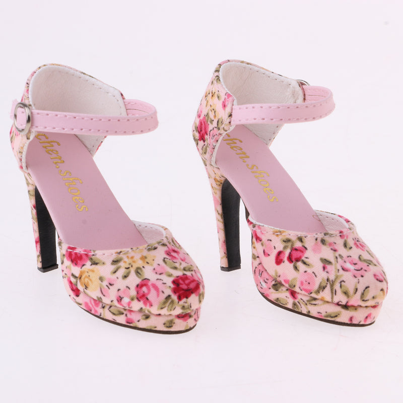 1/3 BJD Girl Dolls Shoes - Artificial Suede Ankle Strap High Heels - for LUTS for DOD for Lolita Dolls Party Outfit Accessory Pink Printed