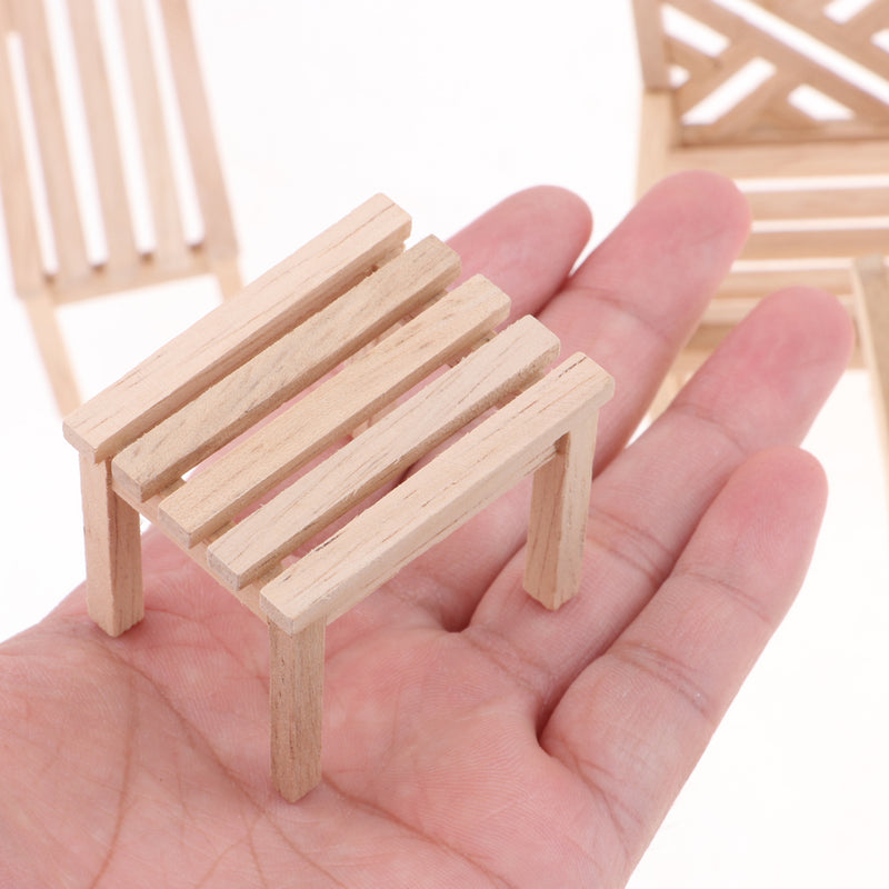 1/12 Dollhouse Miniature Unpainted Furniture Garden Park Decor Bench Chair Table Stool Set Kids Pretend Play Toy