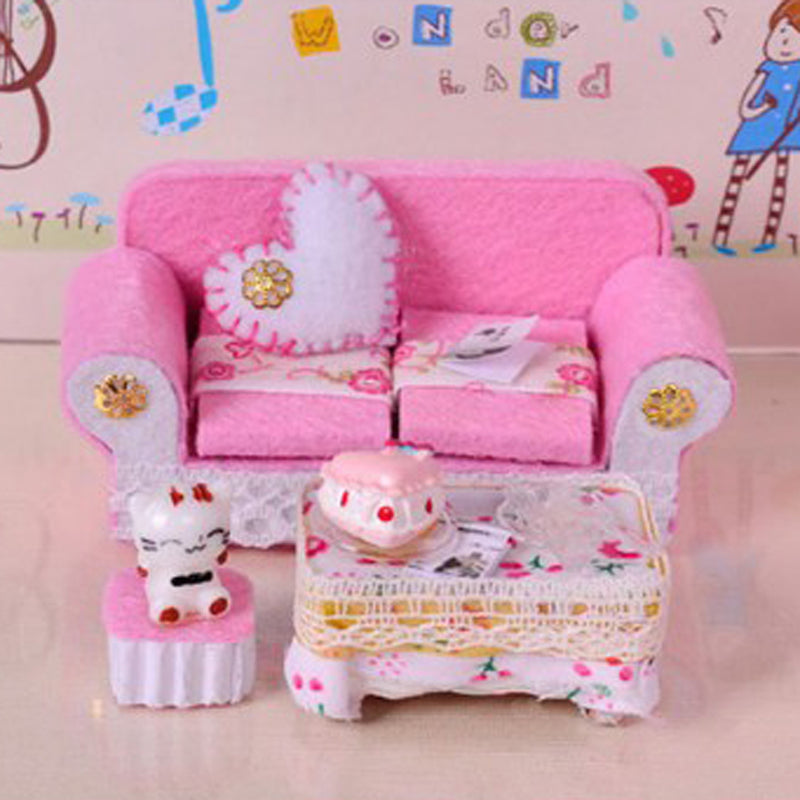 1/24 Dollhouse Miniature Living Room Furniture Sofa with Cushion & End Table Accs Pink