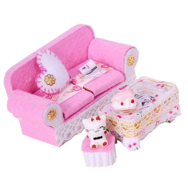 1/24 Dollhouse Miniature Living Room Furniture Sofa with Cushion & End Table Accs Pink
