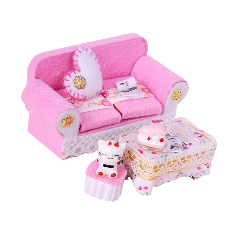 1/24 Dollhouse Miniature Living Room Furniture Sofa with Cushion & End Table Accs Pink