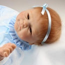 45cm Adorable Vinyl Reborn Awake Baby Doll Model in Blue Top White Pants Clothes Outfit Accessories