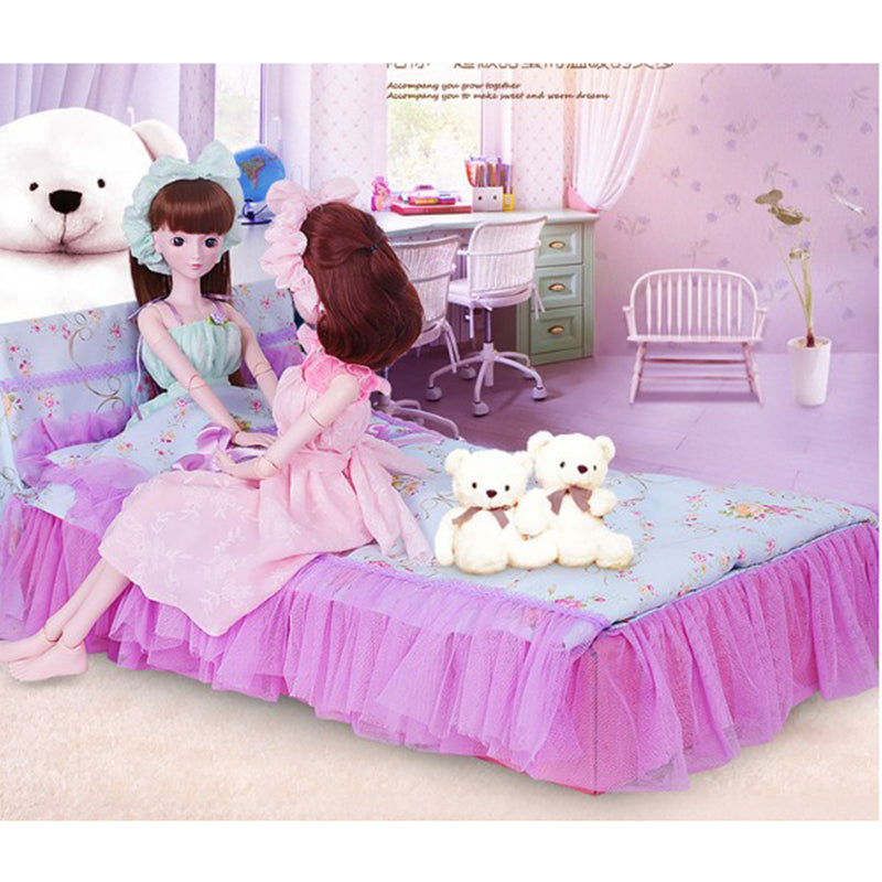 1/3 Girl Dolls Blue Dotted Bed with Bedding Set Bedroom Furniture for BJD Dolls Accessories