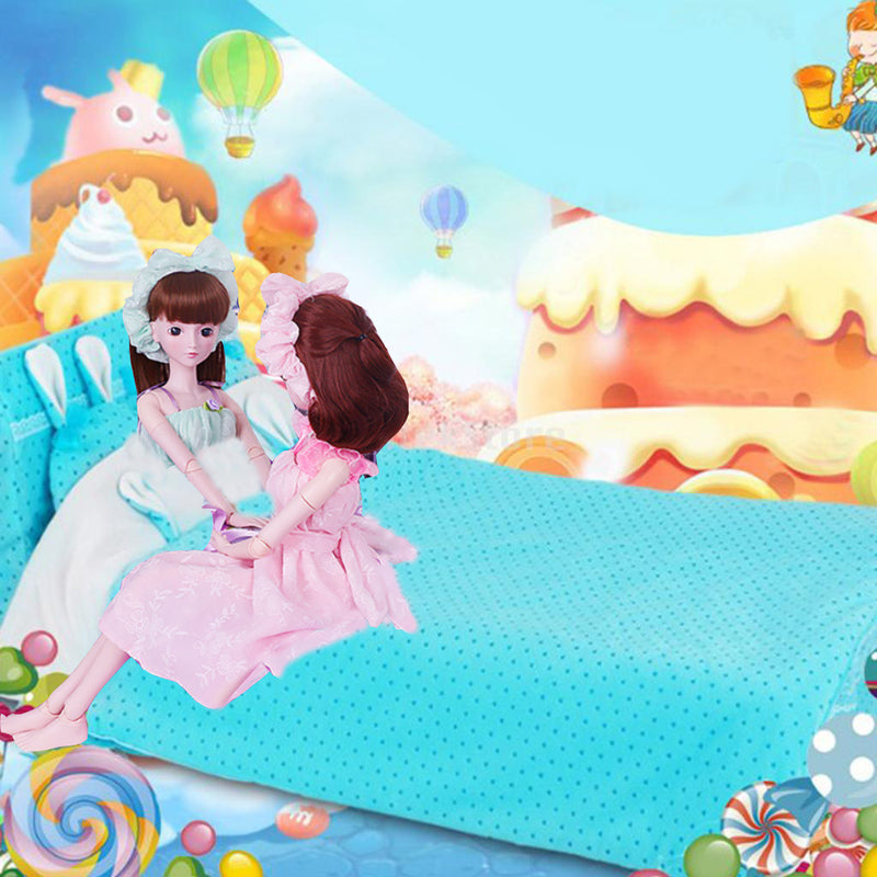 1/3 Girl Dolls Blue Dotted Bed with Bedding Set Bedroom Furniture for BJD Dolls Accessories
