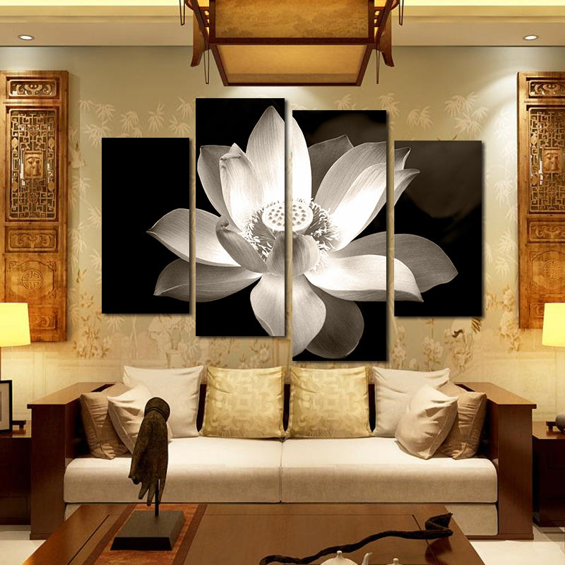 Miico Hand Painted Four Combination Decorative Paintings Botanic Lotus Wall Art For Home Decoration