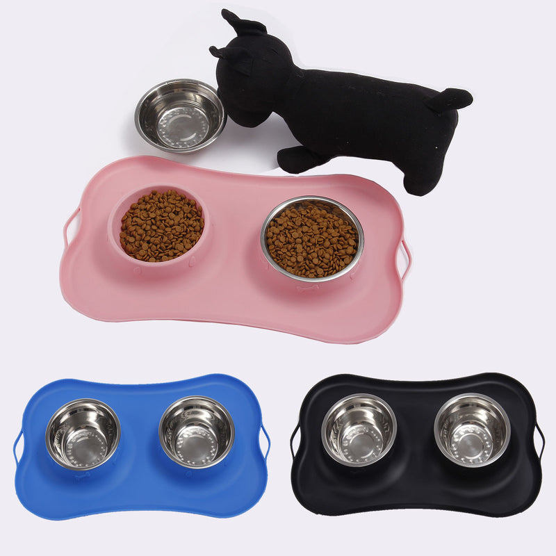 Stainless Steel Dog Cat Bowl Non Spill Silicone Mat Pet Water Food Dish Feeder