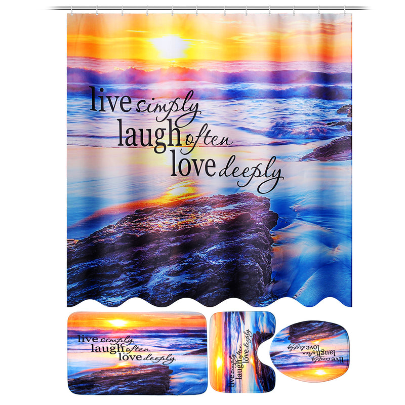 Sandy Beach Waterproof Bathroom Shower Curtain Toilet Cover Mat Non-Slip Rug Set