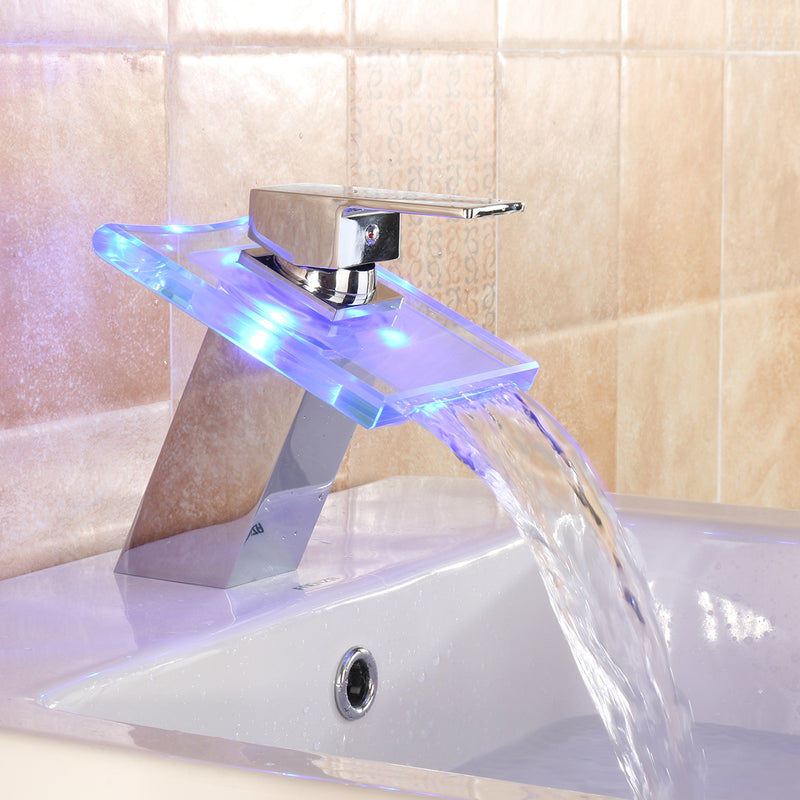 LED Color Changing Waterfall Faucet Bathroom Sink Faucet Glass Basin Bathtub Mixer Tap