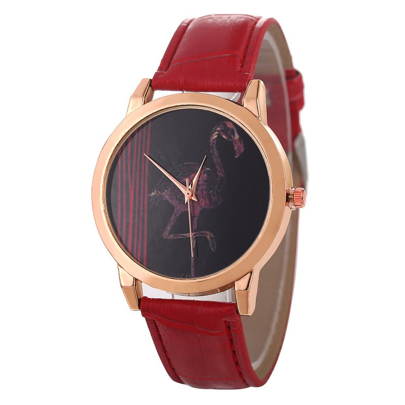 Red-crowned Crane Pattern Colorful Leather Strap Fashion Men Quartz Watch