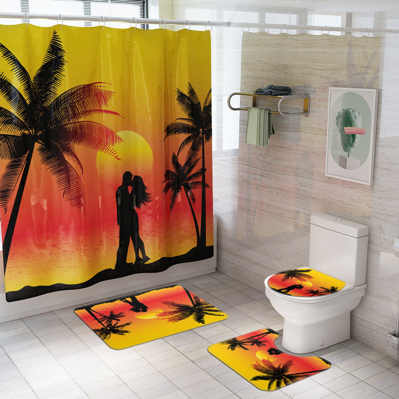 Honana 4PCS Bathroom Waterproof Shower Curtain Summer Seaside Pattern Bathroom Toilet Seat Cover Pedestal Rug Bath Mat