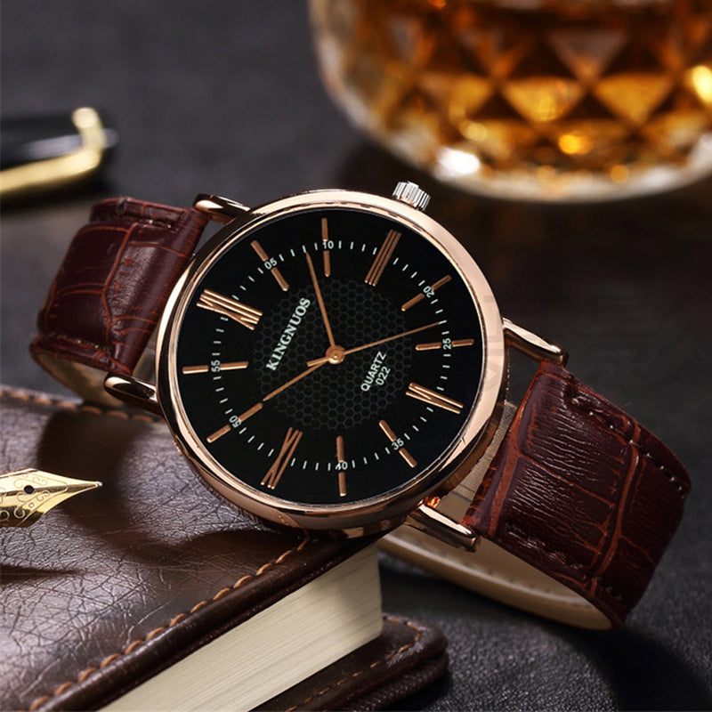 KINGNUOUS 022 Casual Style Leather Strap Men Wrist Watch Leather Band Quartz Watches