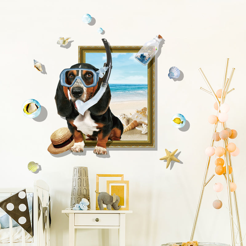 Miico Creative 3D Cartoon Summer Diving Dog Frame PVC Removable Home Room Decor Sticker