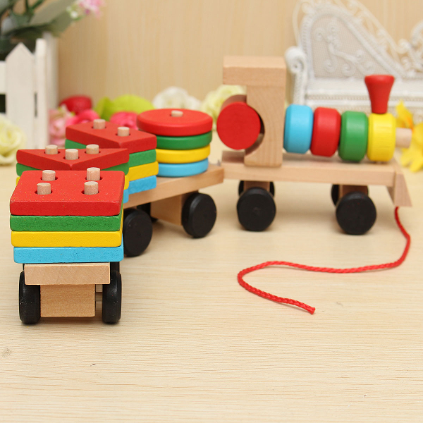 Wood Puzzle Train Toys Geometric Building Blocks Education Gift