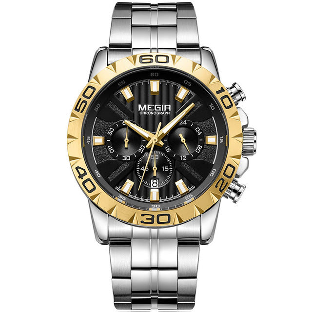 MEGIR 2087 Business Hardlex Mirror Luminous Waterproof Quartz Watch Stainless Steel Men Wrist Watch