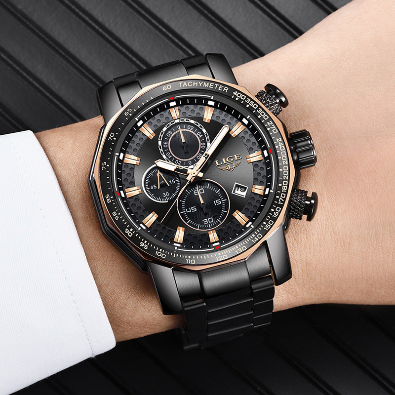 LIGE 9902 Multifunction Chronograph Fashion Men Wrist Watch Waterproof Steel Case Quartz Watch