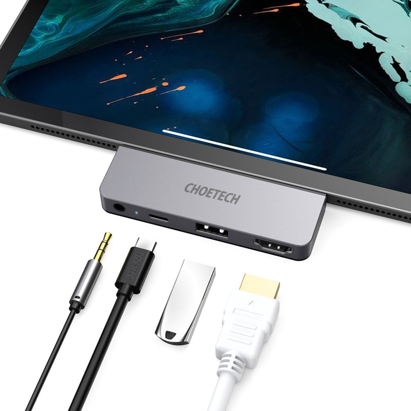 CHOETECH USB-C Hub Docking Station Adapter with USB 2.0/4K@60Hz HD Video Output Display/3.5mm Audio Jack/60W PD Charging Port