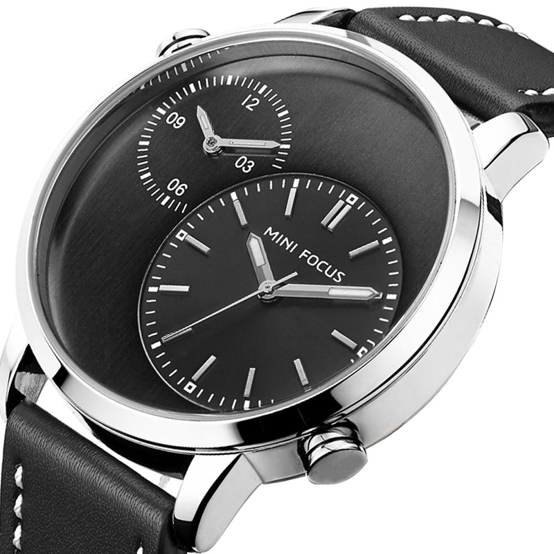 MINI FOCUS MF0035G Two Time Zones Display Men Watch Genuine Leather Strap Quartz Watches