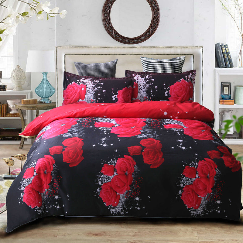 3 PCS Bedding Sets 3D Floral Rose Printing Quilt Cover Pillowcase For Full Size
