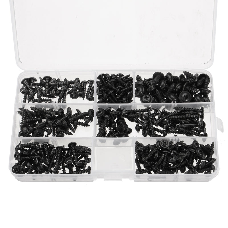 340Pcs Carbon Steel Phillips Wafer Head Flange Self Tapping Screw Black Assortment Kit